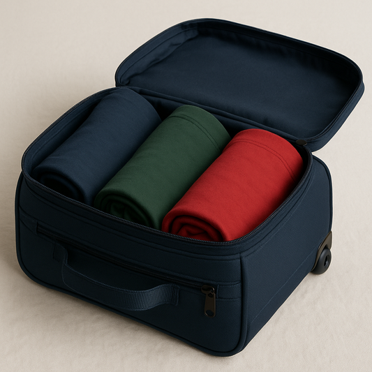 small carry on bag with rolled clothes