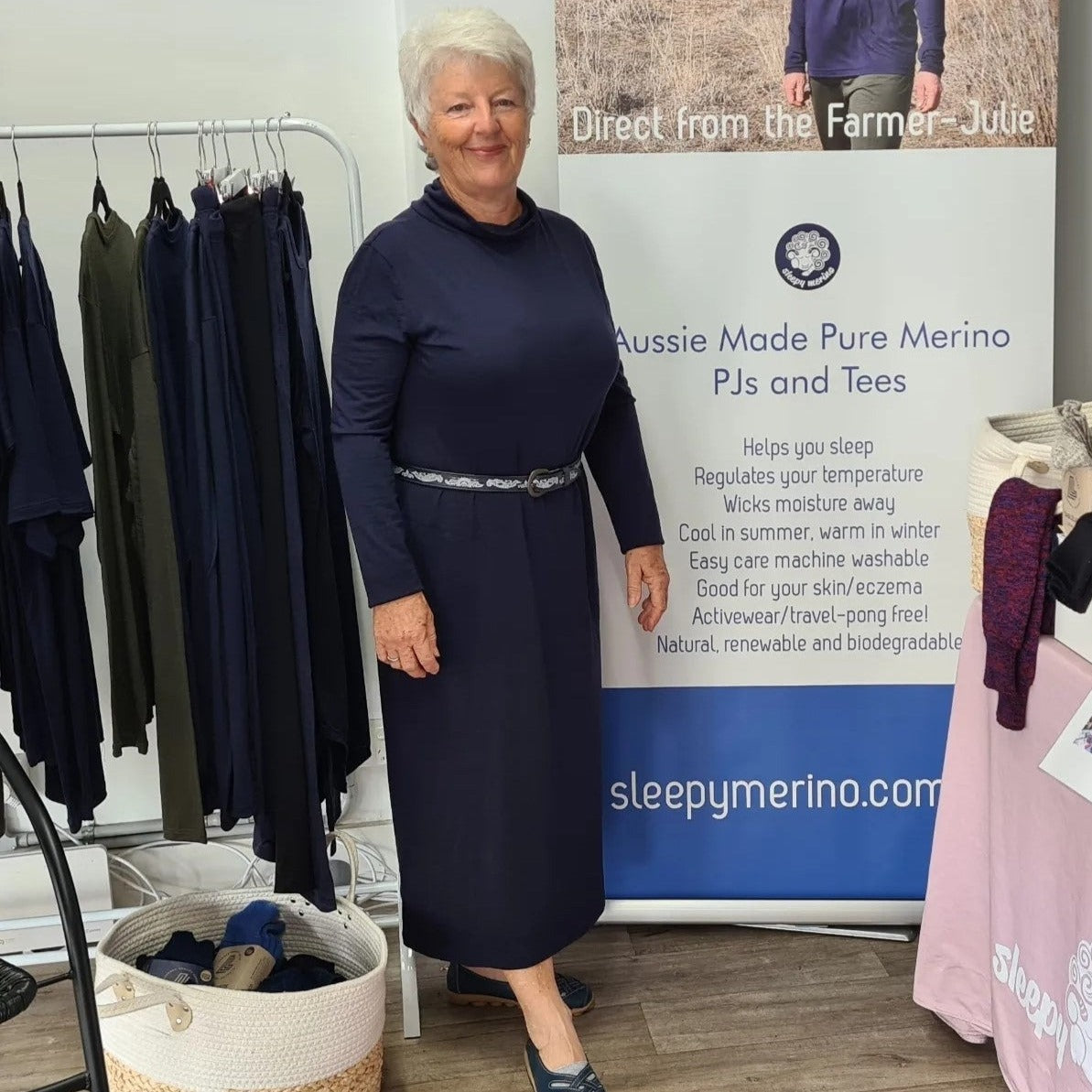 Deb wearing her Merino nightie as a dress with belt