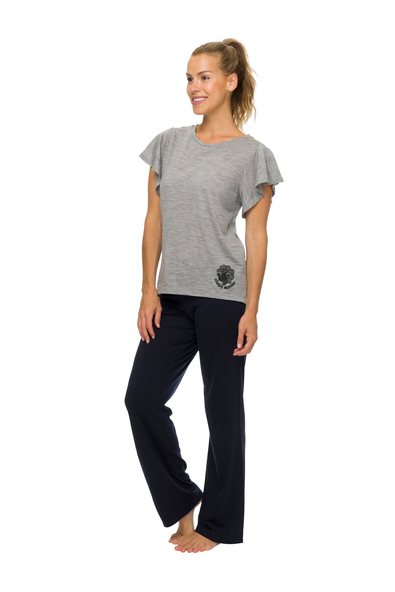 model in navy womens merino pajama pants