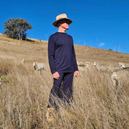 Murray, Julie's brother, wearing Sleepy Merino pyjamas with sheep