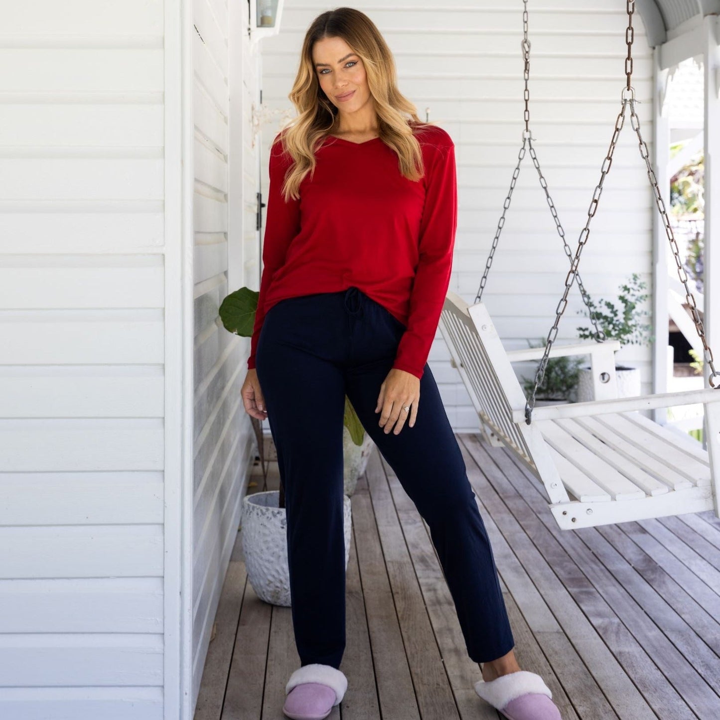 model wearing red Sleepy Merino pyjama tee